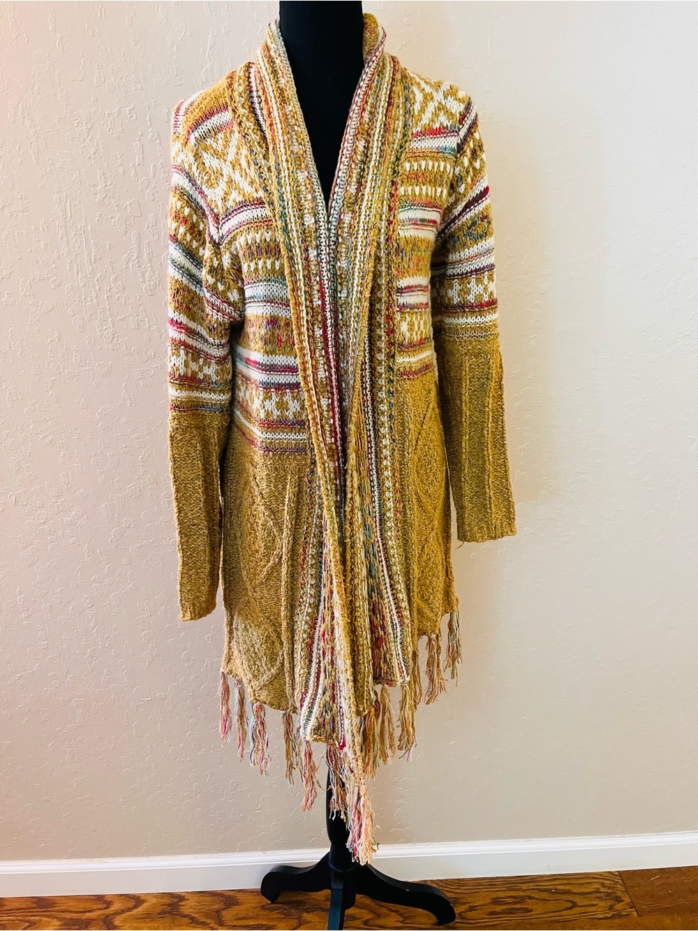 Mustard Patterned Fringe Open-Front‎ Cardigan Sweater